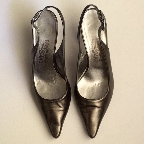 Salvatore Ferragamo 8-1/2 M Slingback Pewter Heels. Pointed toe. - Picture 1 of 7